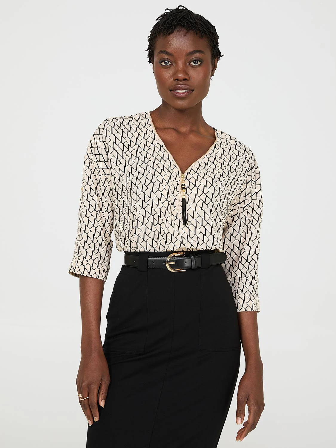 Zip Front V-Neck Top