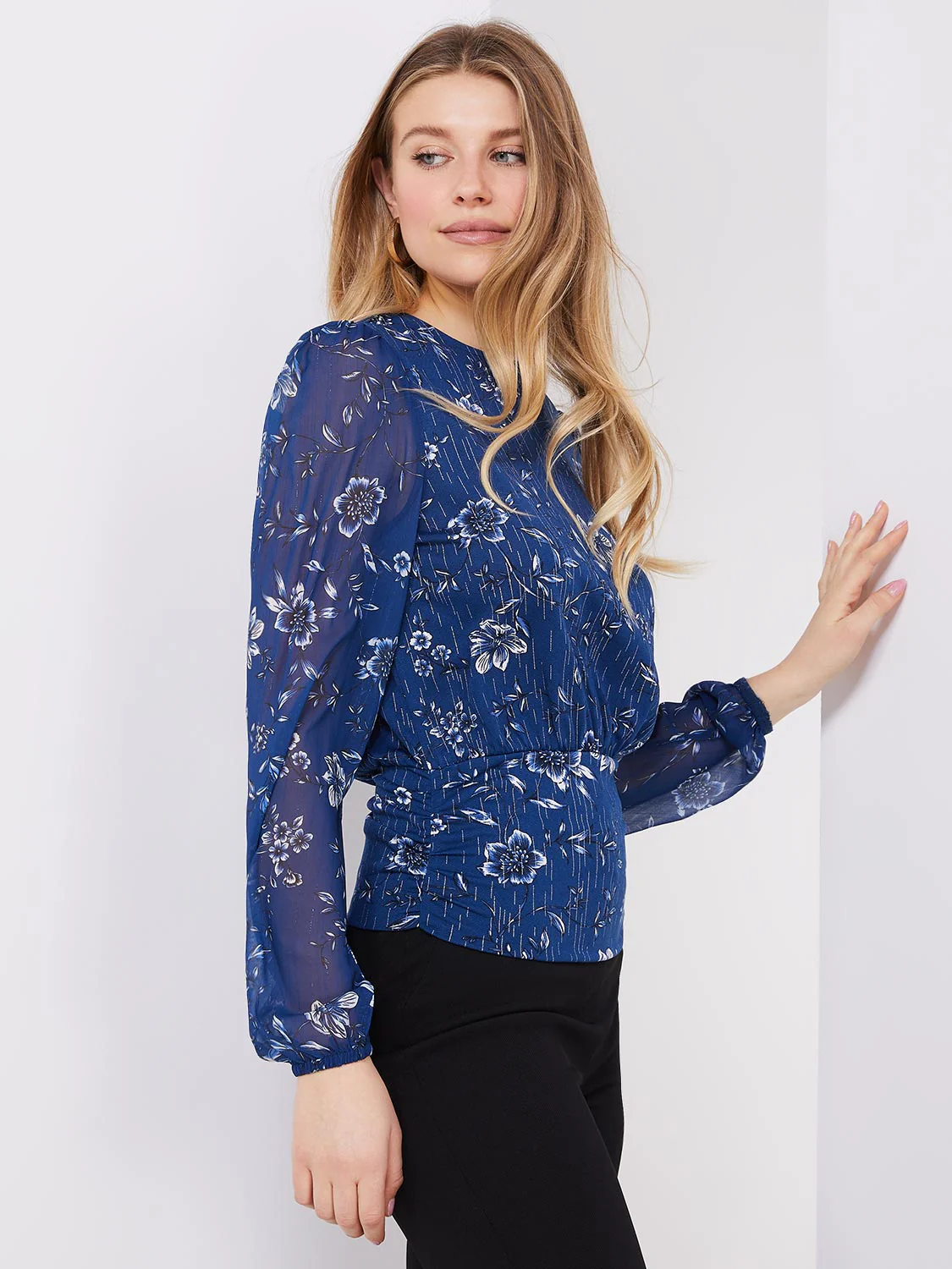 Floral Print Metallic Chiffon Top