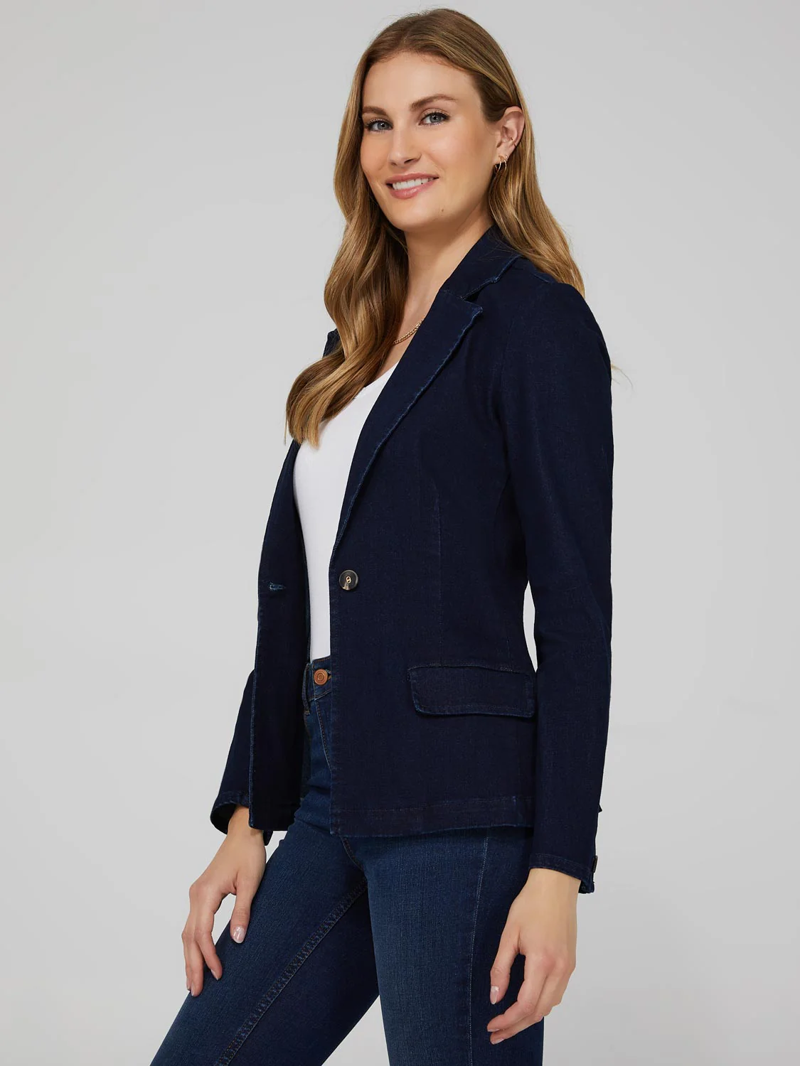 One-Button Denim Blazer With Flap Pockets