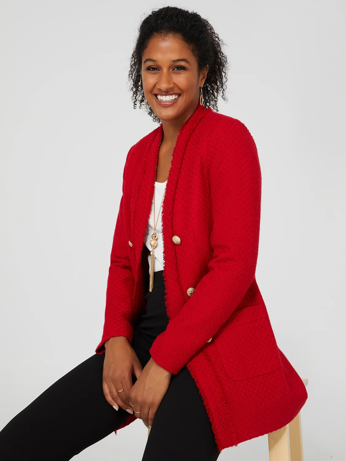 Long Open Boucle Blazer With Fringe Lapels