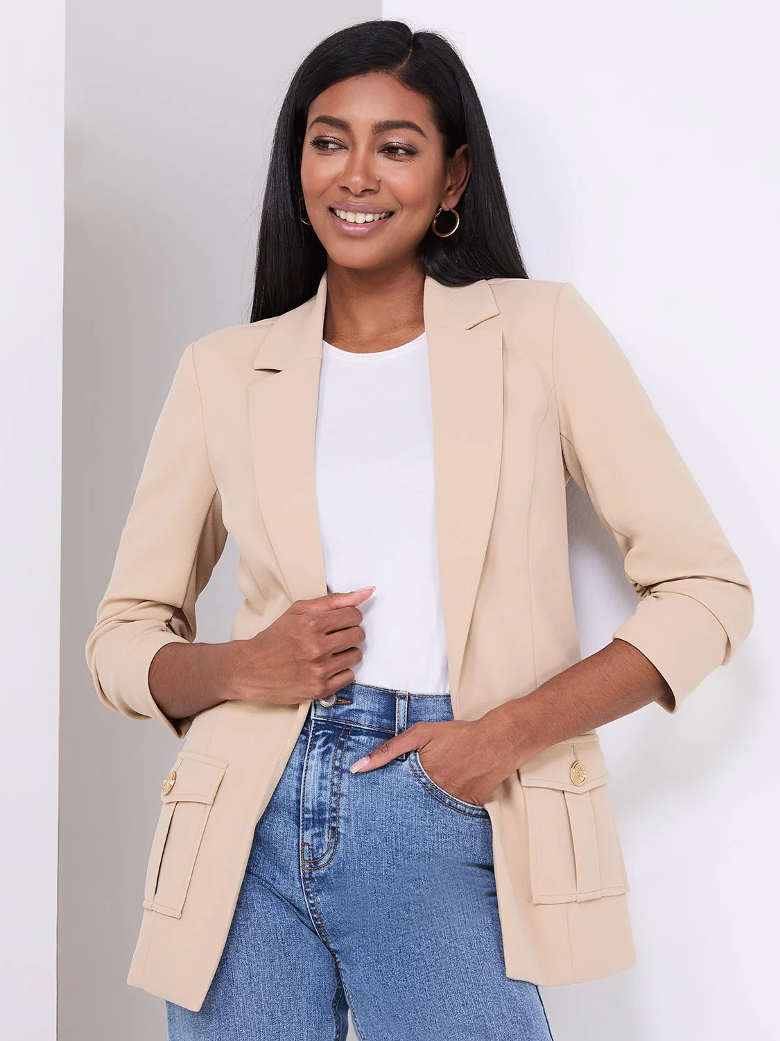 3/4 Ruched Sleeve Crepe Blazer