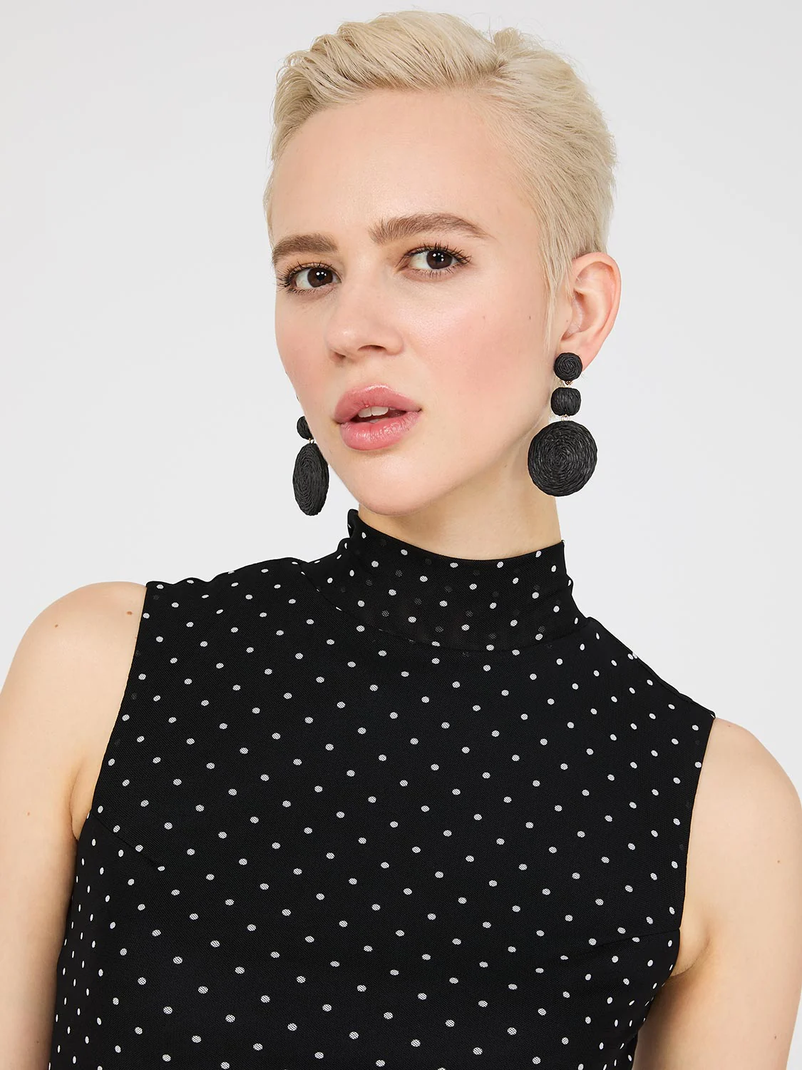 Dot Print Mock Neck Mesh Top