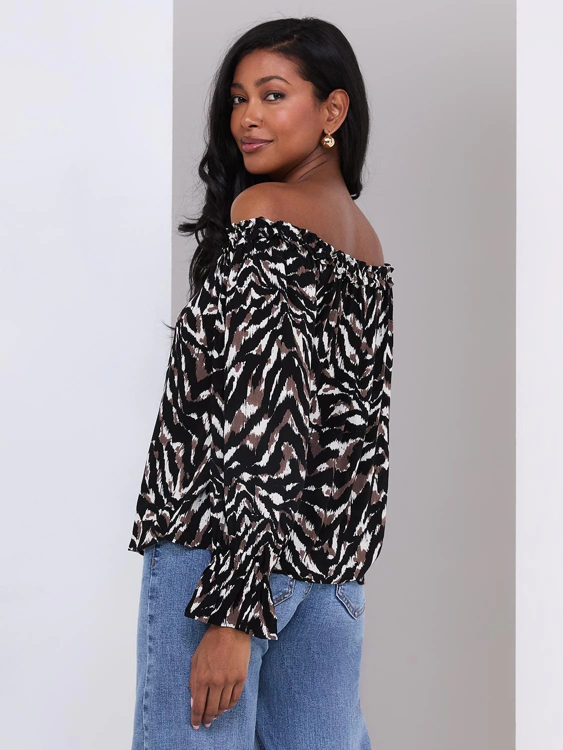 Animal Print Off-The-Shoulder Top With Ruffle Details