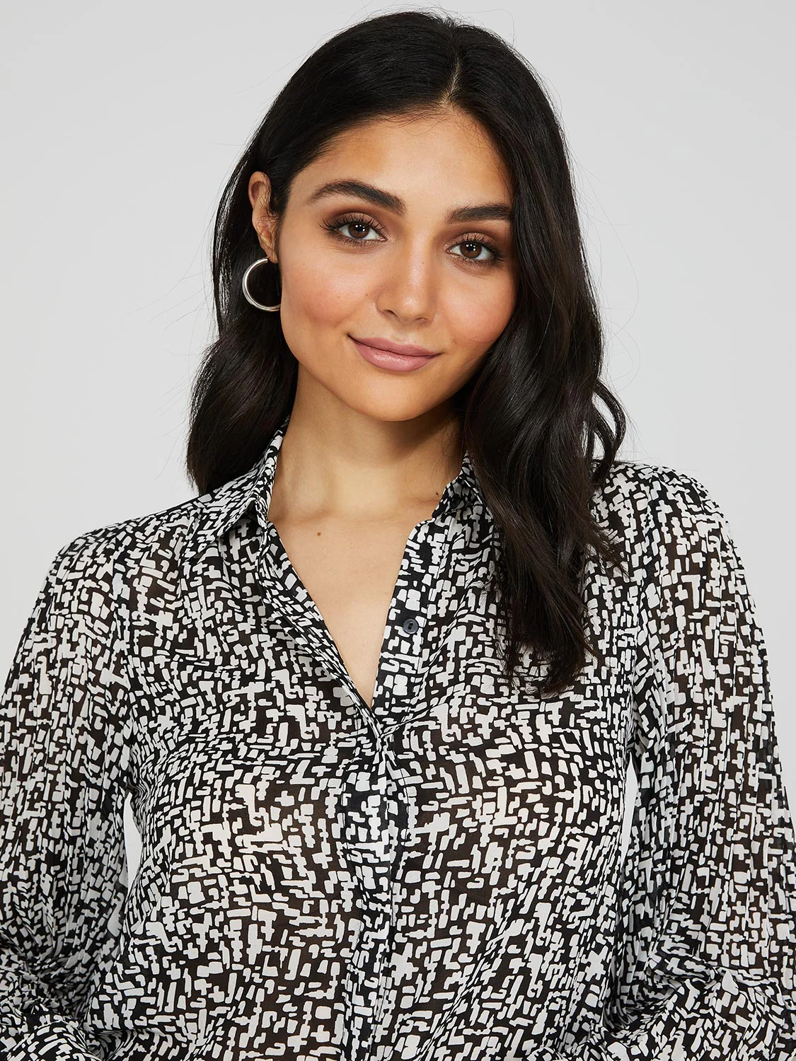 Printed Button-Front Blouse With Pleated Sleeves