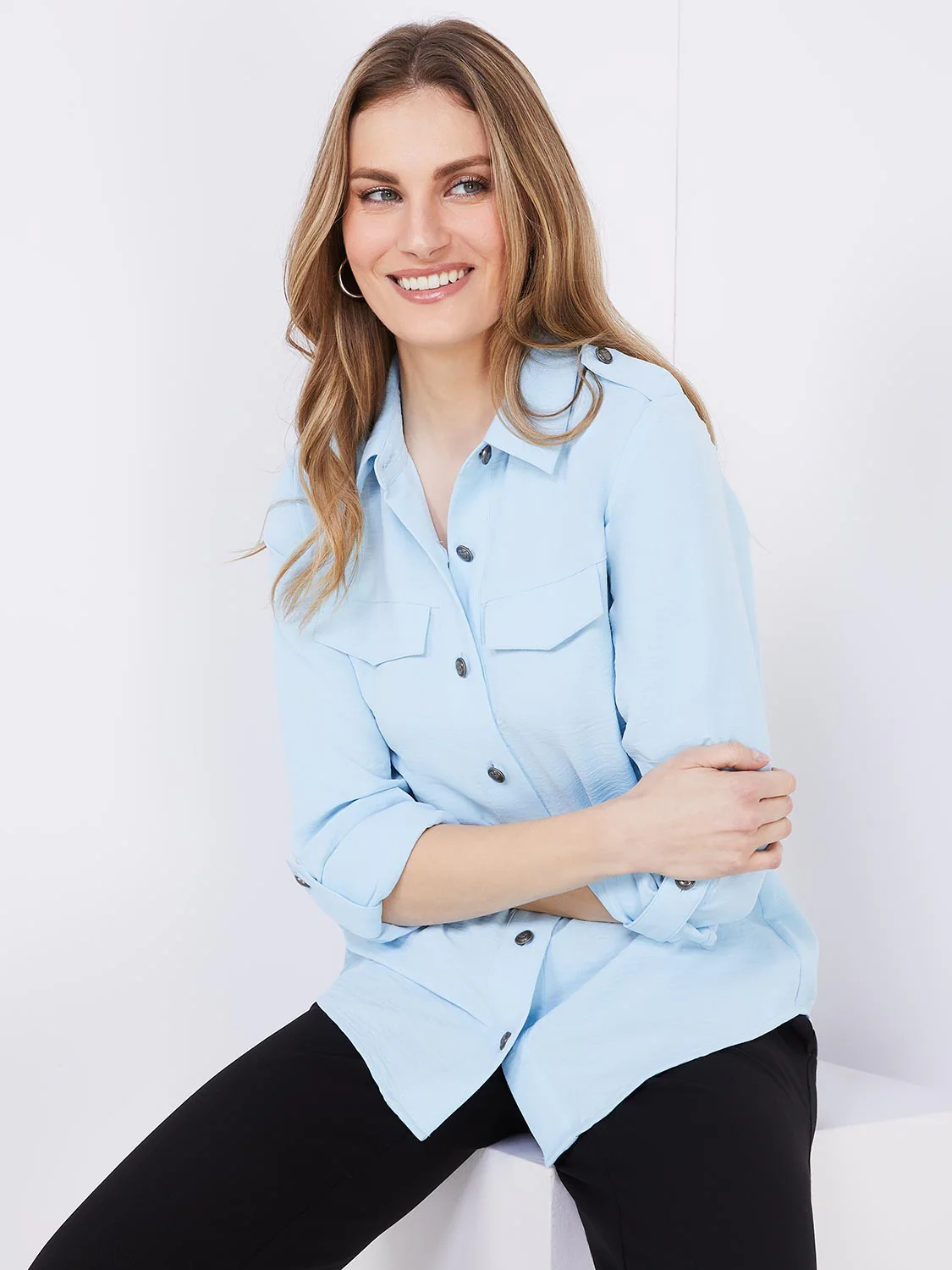 Utility Pocket Button-Front Blouse