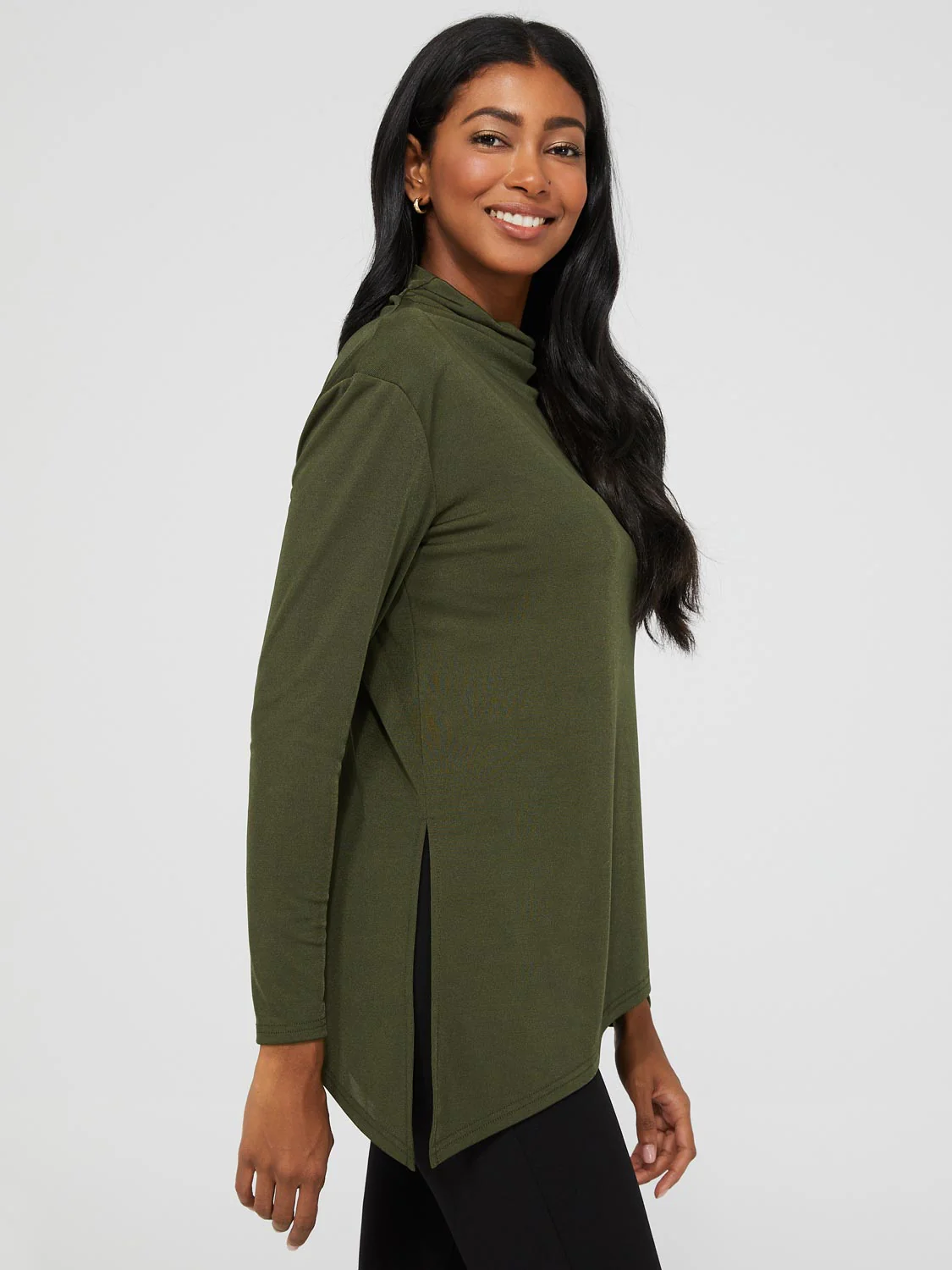 Funnel Neck Slinky Top With Asymmetrical Hem