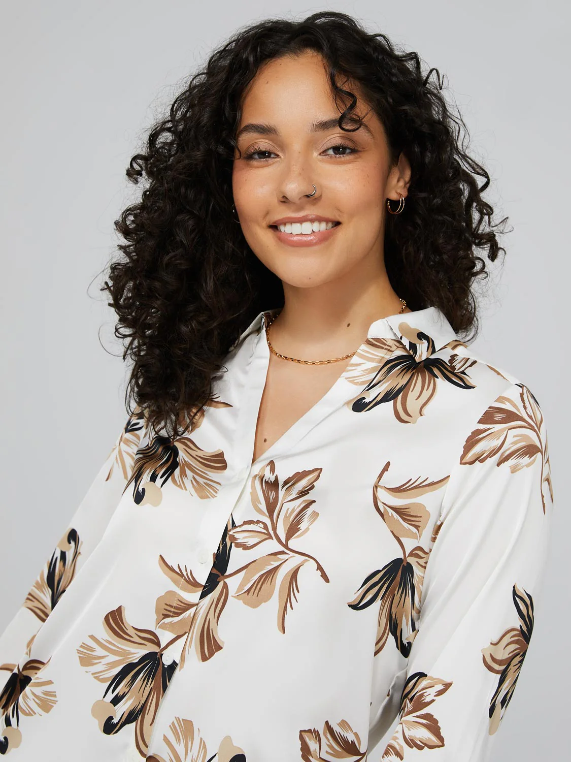 Floral Print Satin Split Neck Button-Front Blouse