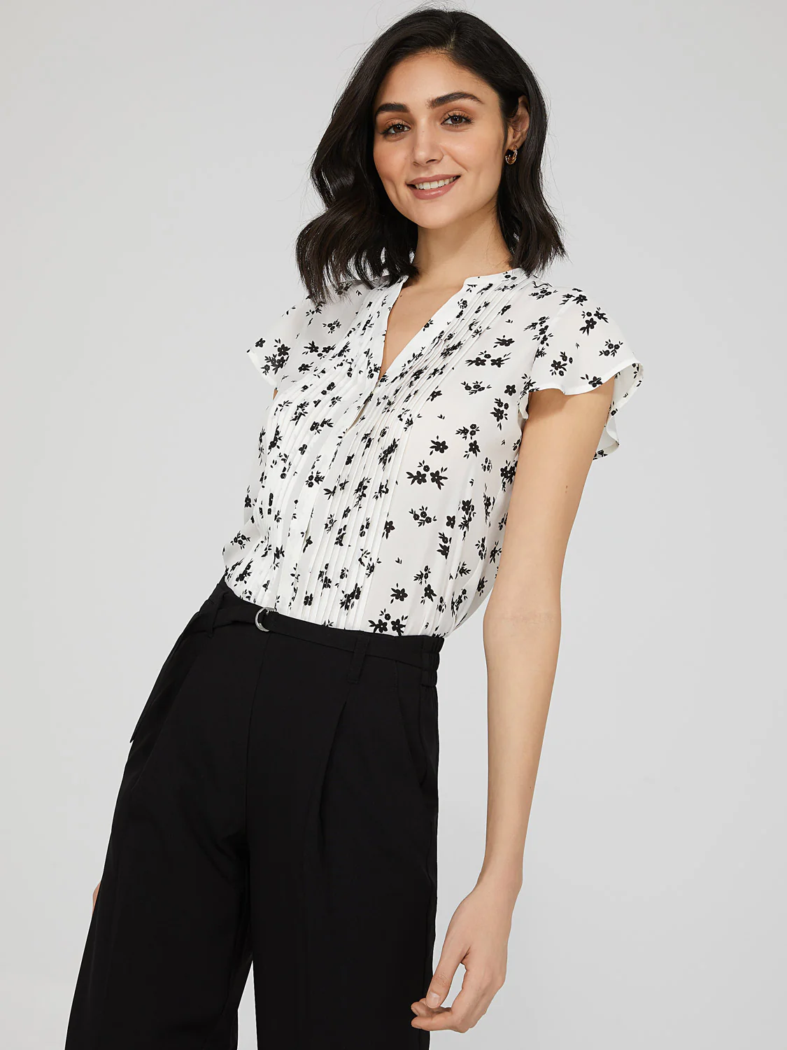 Printed Crepe Chiffon Blouse WIth Pintuck Detail