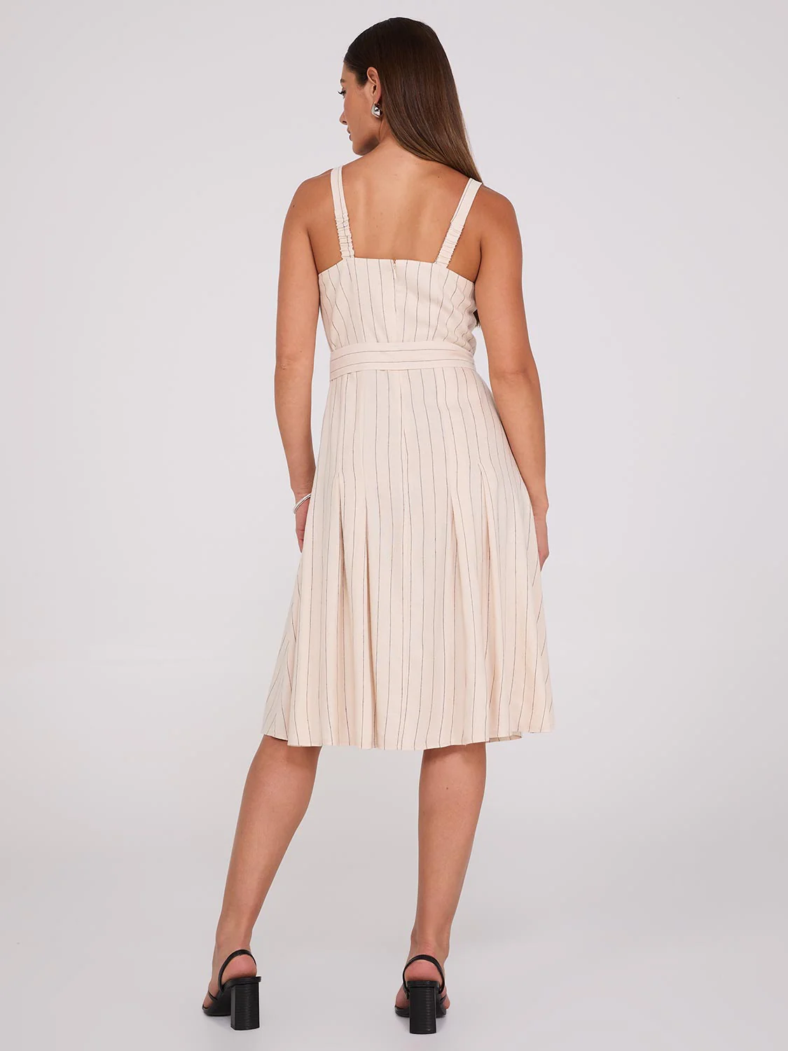 Striped Linen Knee Length Dress With Pockets