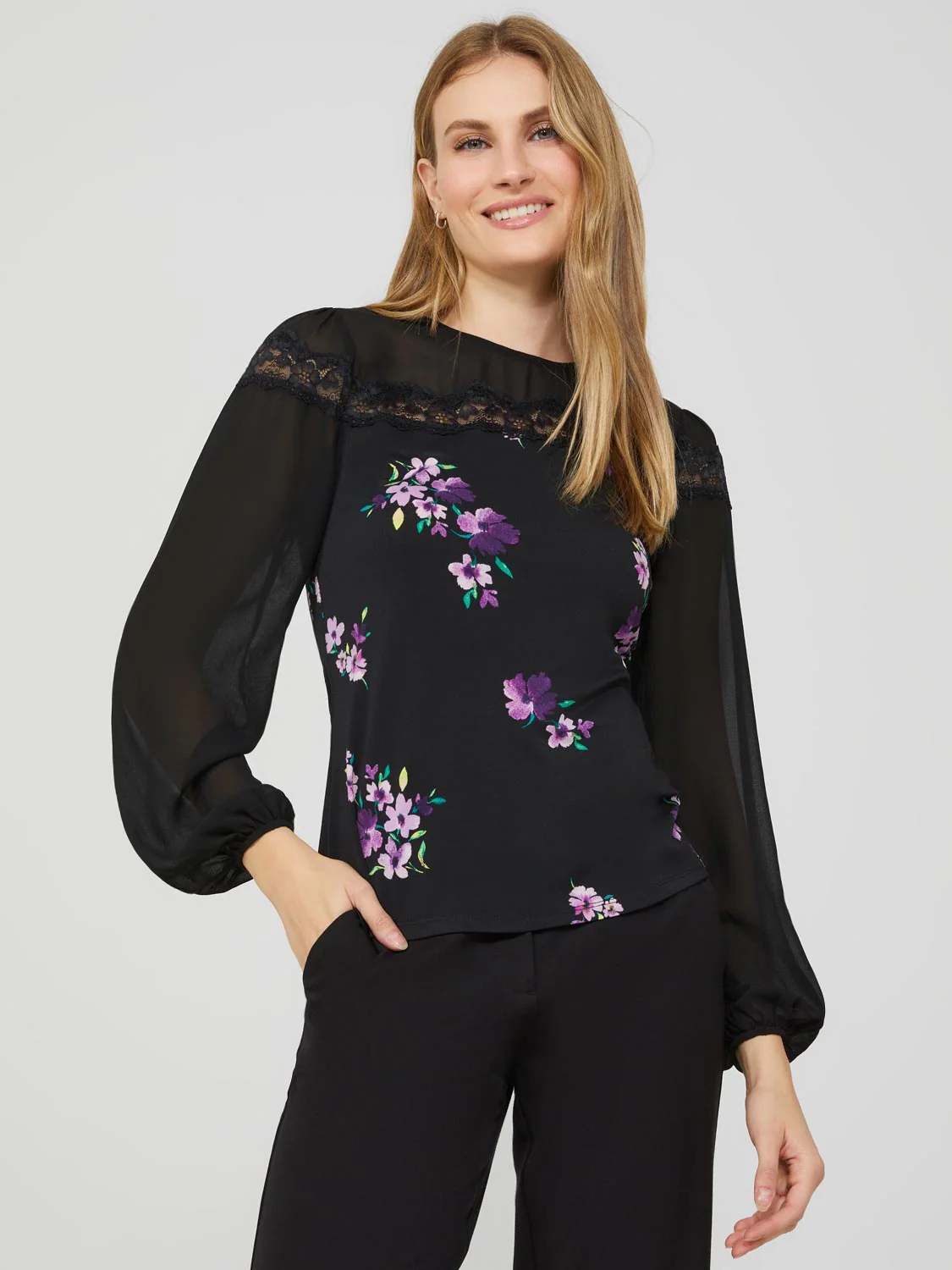 Long Balloon Sleeve Ditsy Floral Crew Neck Top
