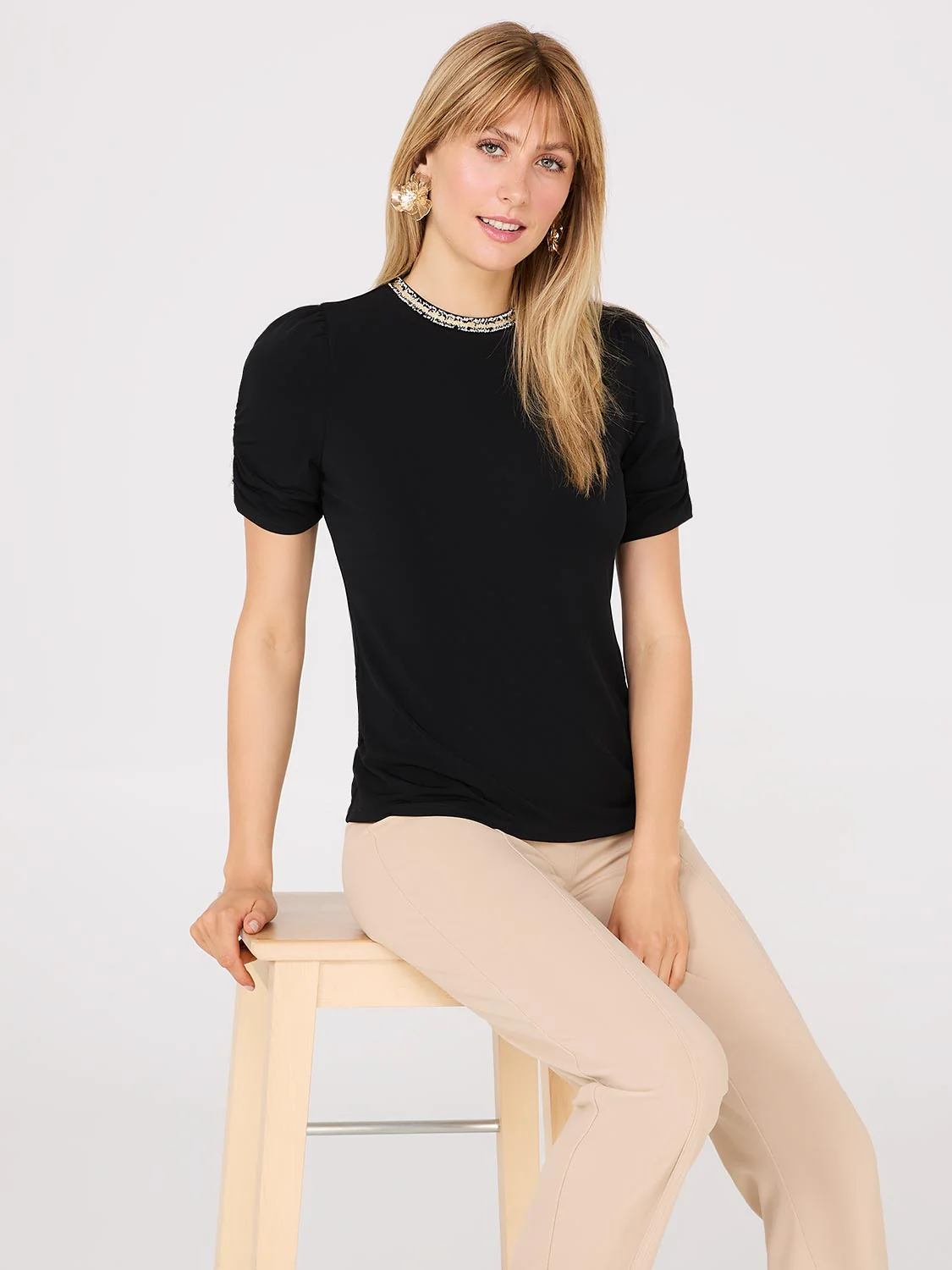 Short Puff Sleeve Boucle Neck Top