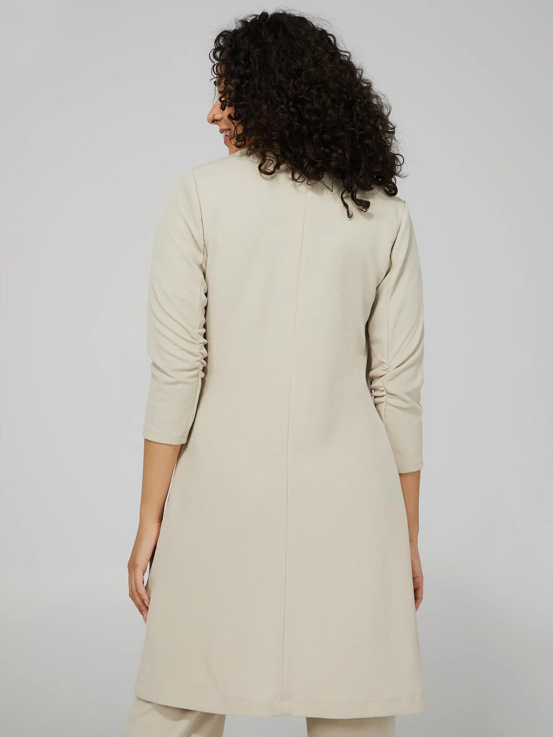 Long Blazer With 3/4 Ruched Sleeves