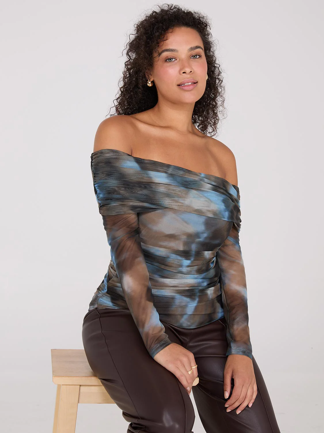 Ruched Off-The-Shoulder Printed Mesh Top