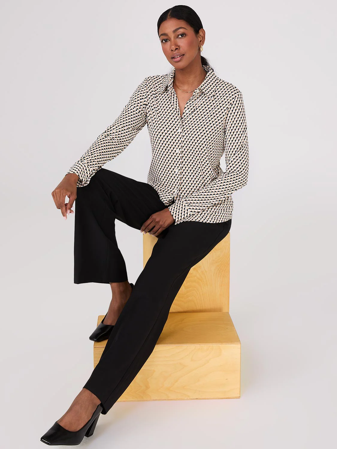 Print Button-Front Classic Blouse