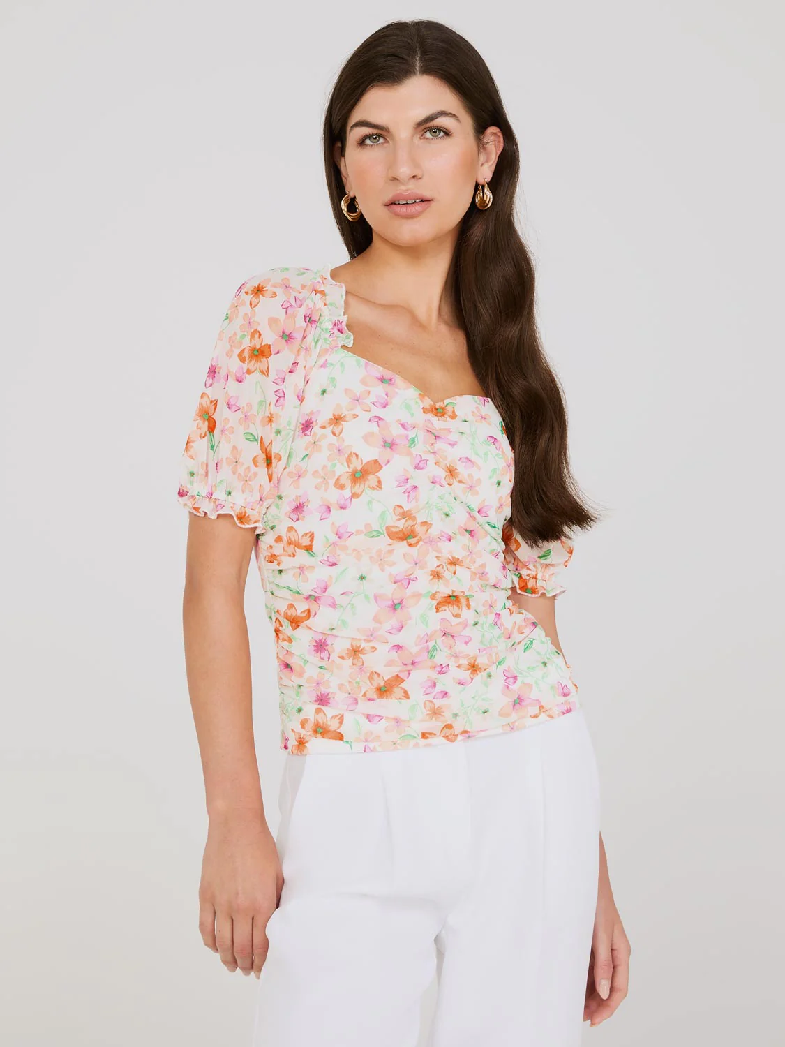 Printed Sweetheart Neckline Top With Puff Sleeves