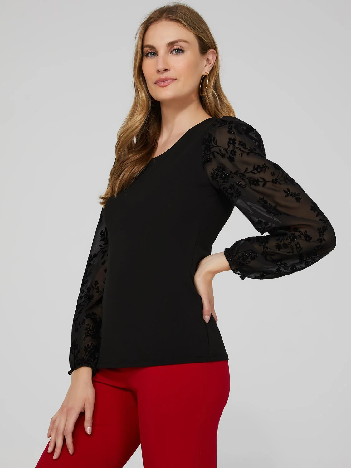 Round Neck Top With Sheer Chiffon Long Sleeves