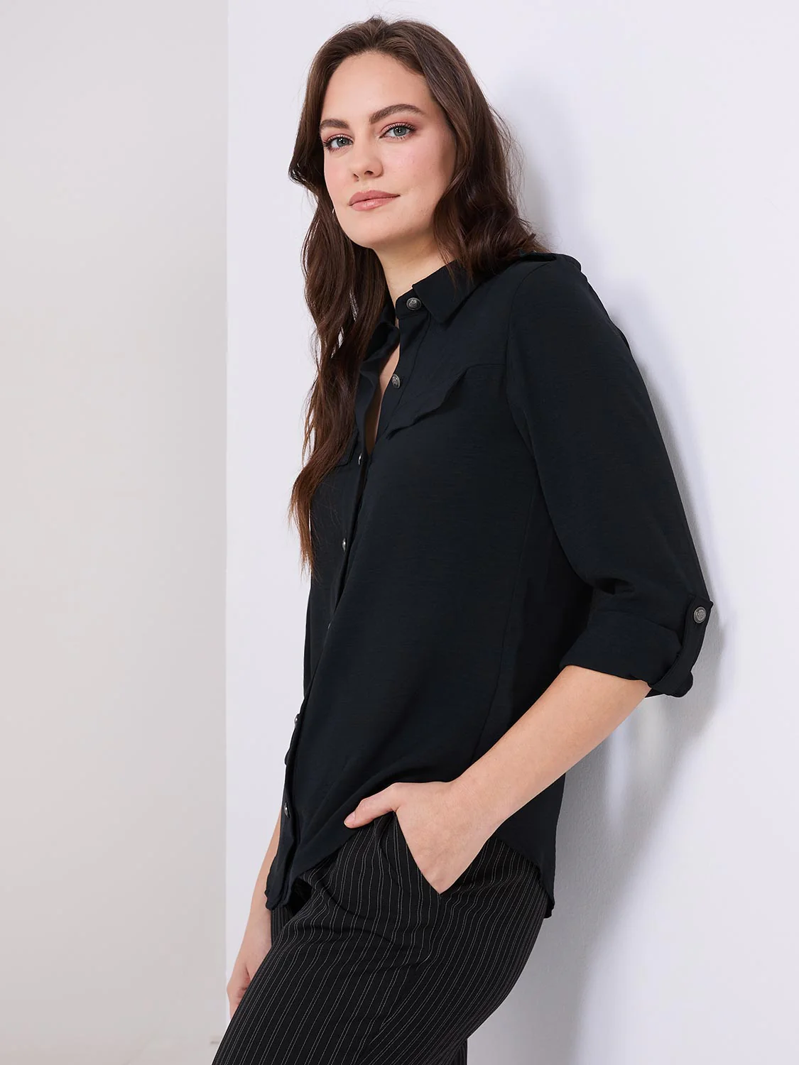 Utility Pocket Button-Front Blouse
