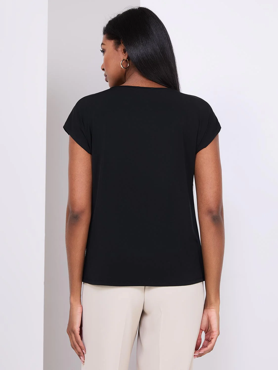 Pleated Short Sleeve Top With Metal Bar Detail