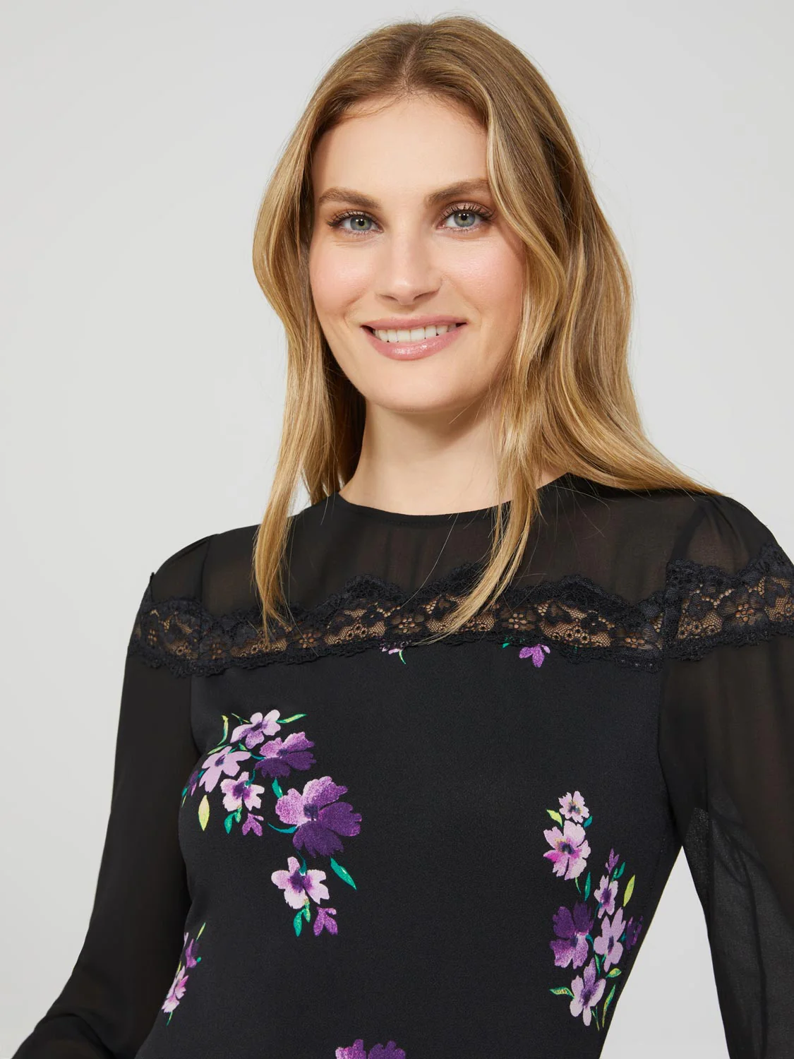 Long Balloon Sleeve Ditsy Floral Crew Neck Top