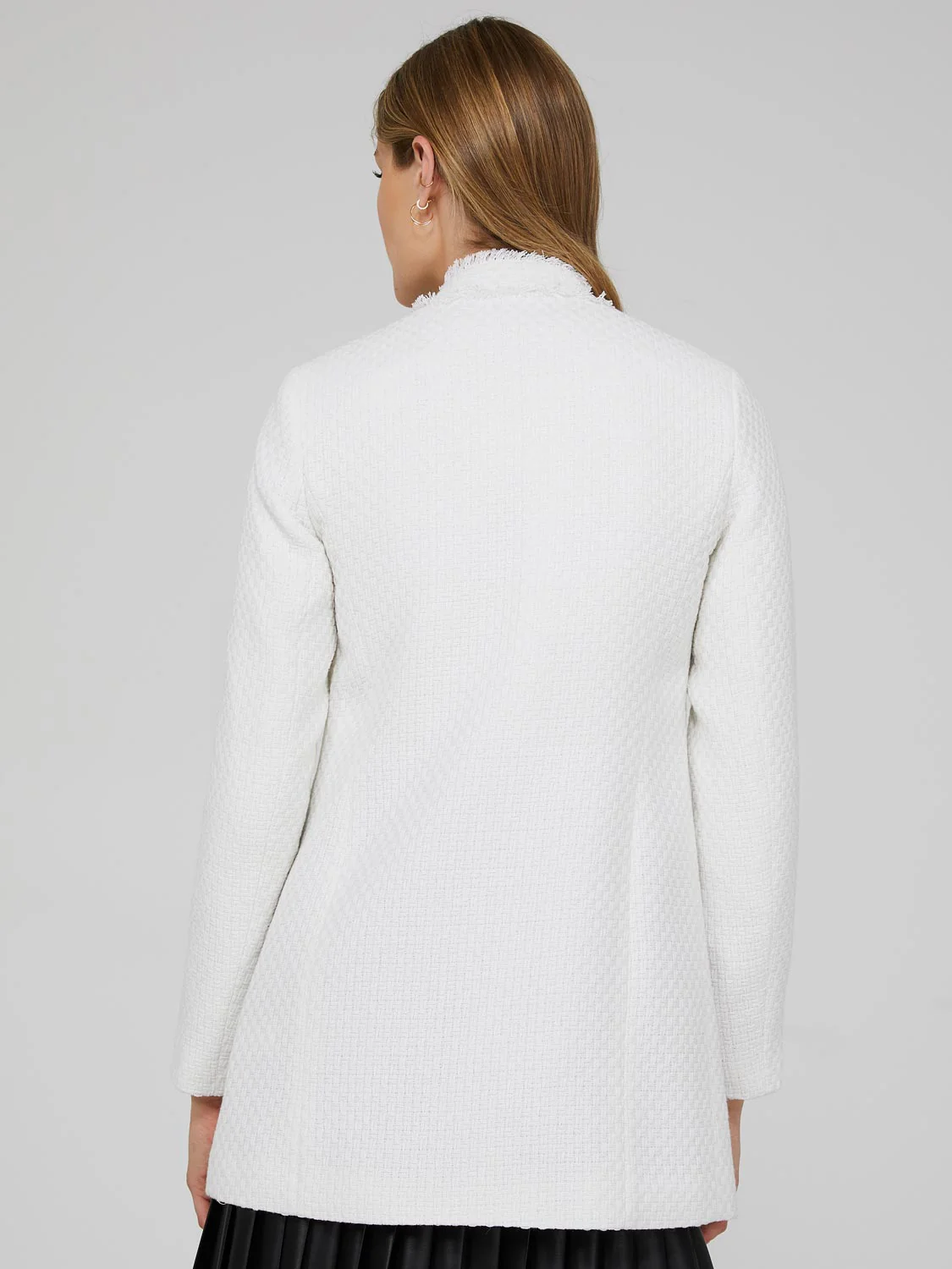 Long Open Boucle Blazer With Fringe Lapels