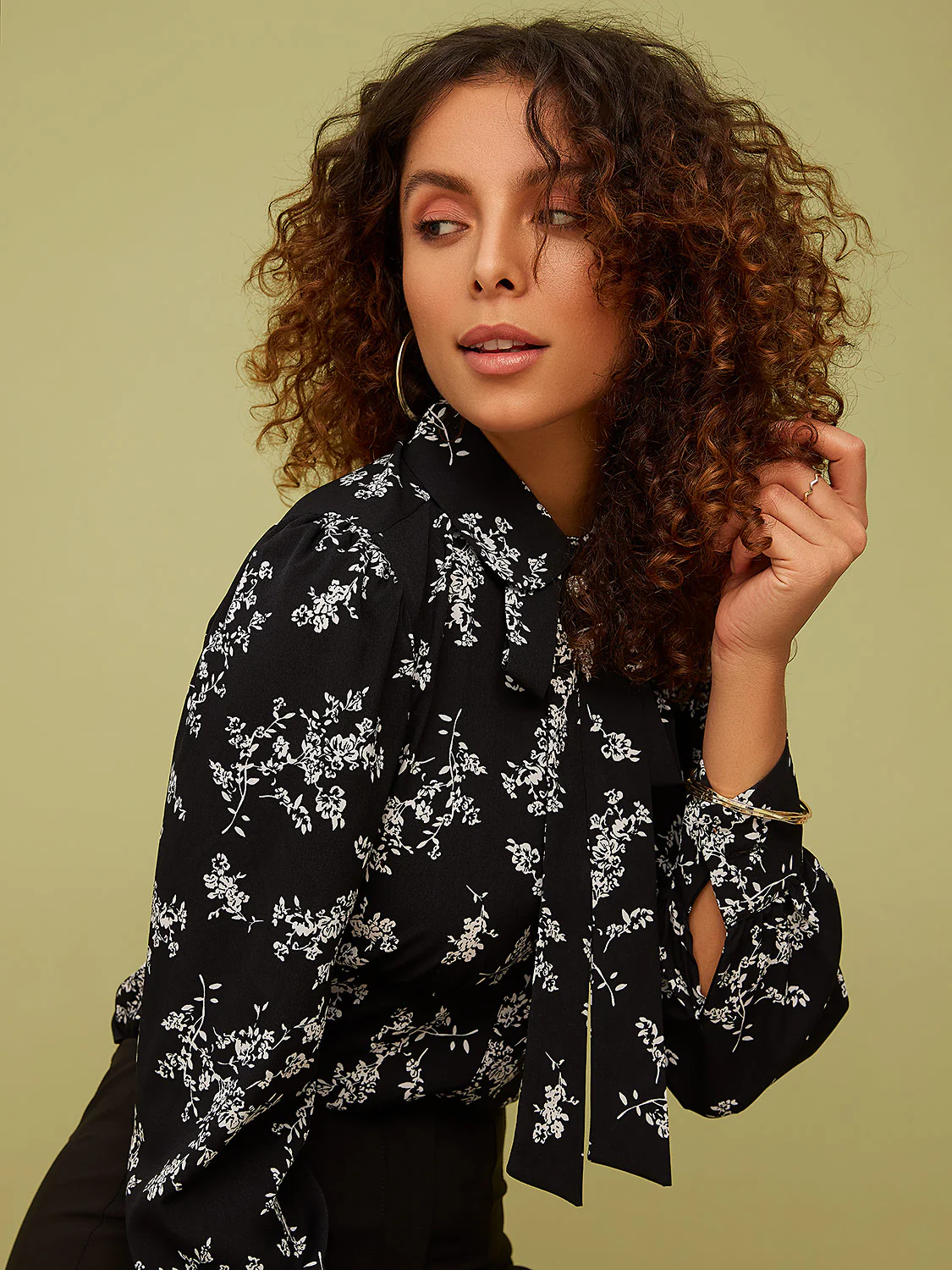 Printed Jewel Button Tie Neck Blouse