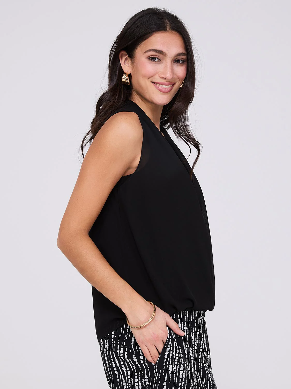 Sleeveless Chiffon Blouse with Blouson Wrap