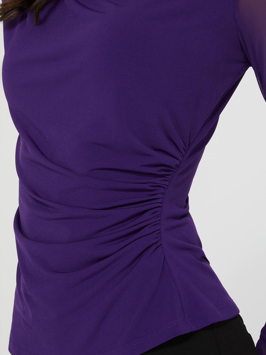Mock Neck Ruched Jersey Top With Mesh Long Sleeves