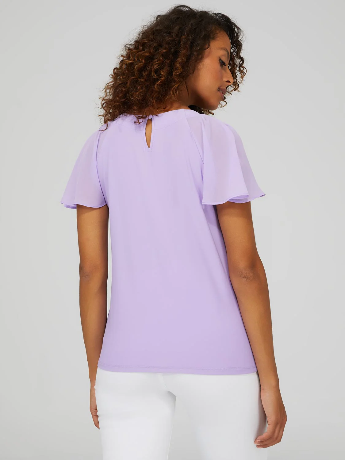 Pleated Crew Neck Top With Chiffon Flutter Sleeves