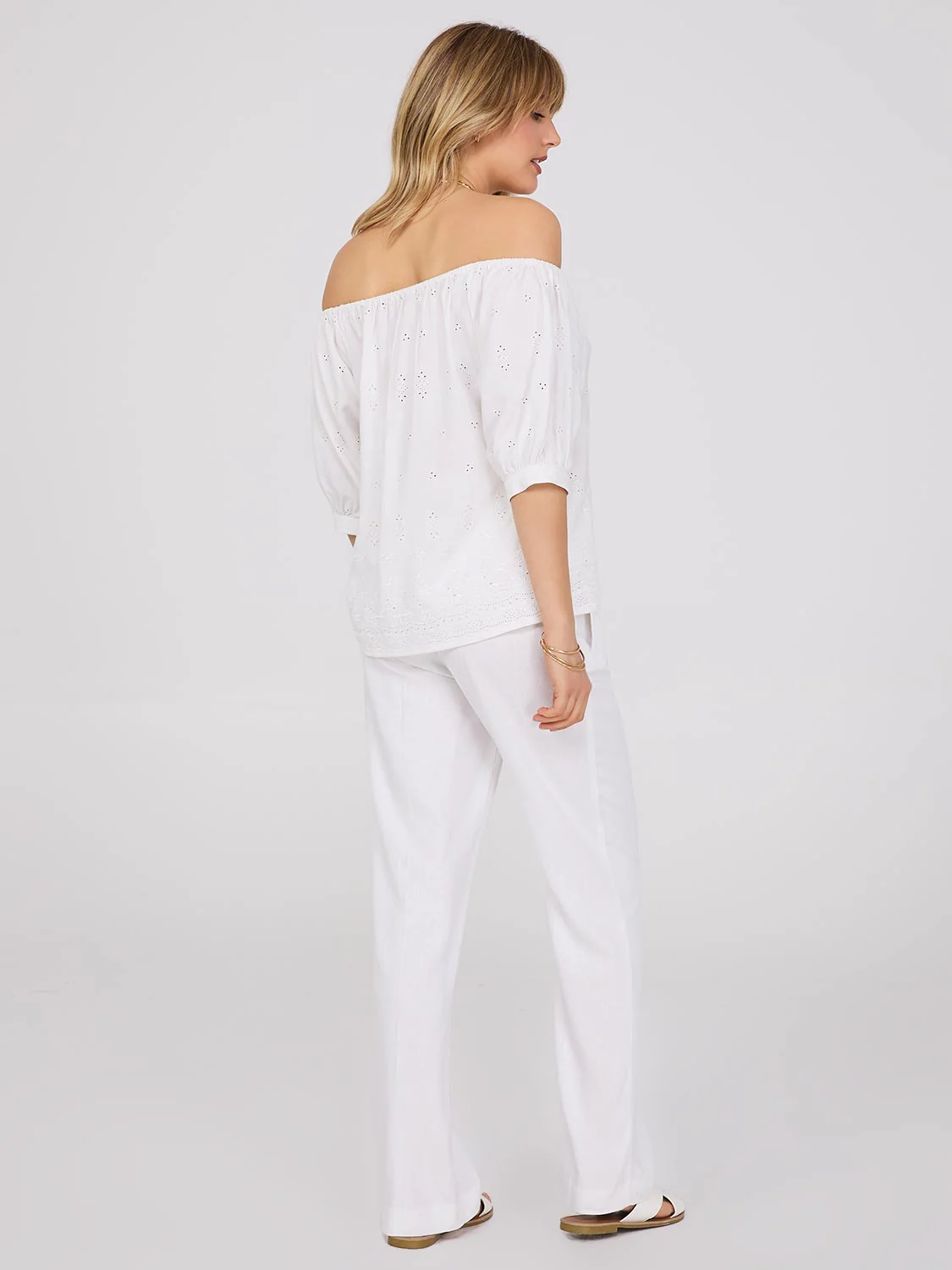 Off-The-Shoulder Puff Sleeve Eyelet Popover Top