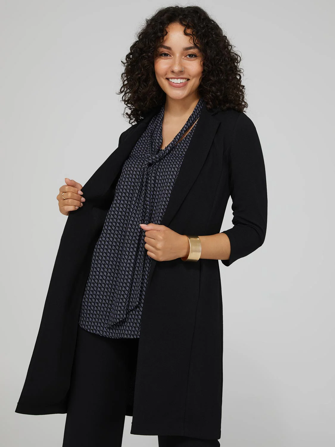 Long Blazer With 3/4 Ruched Sleeves