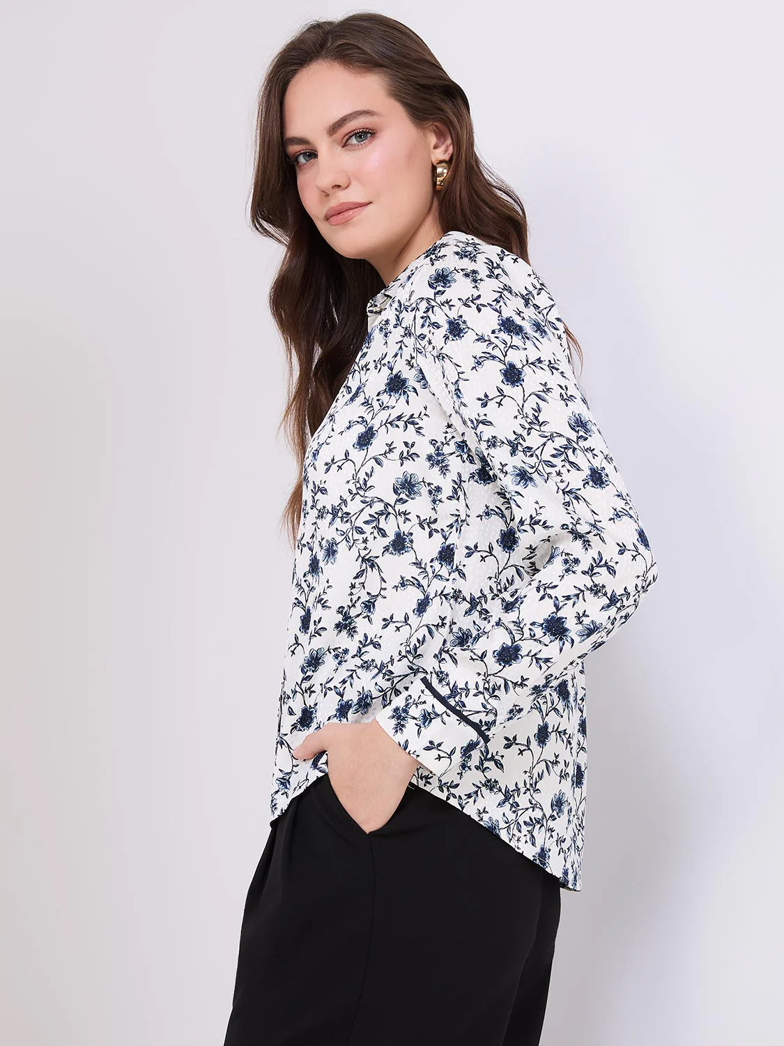 Textured Floral Print Button-Front Blouse