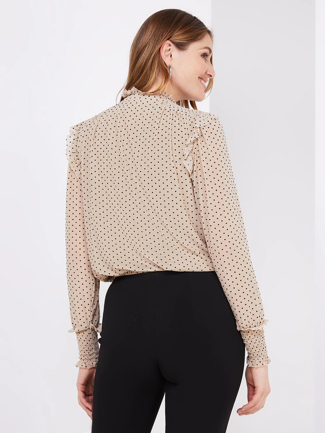 Velvet Dot Mesh Top With Ruffle Details