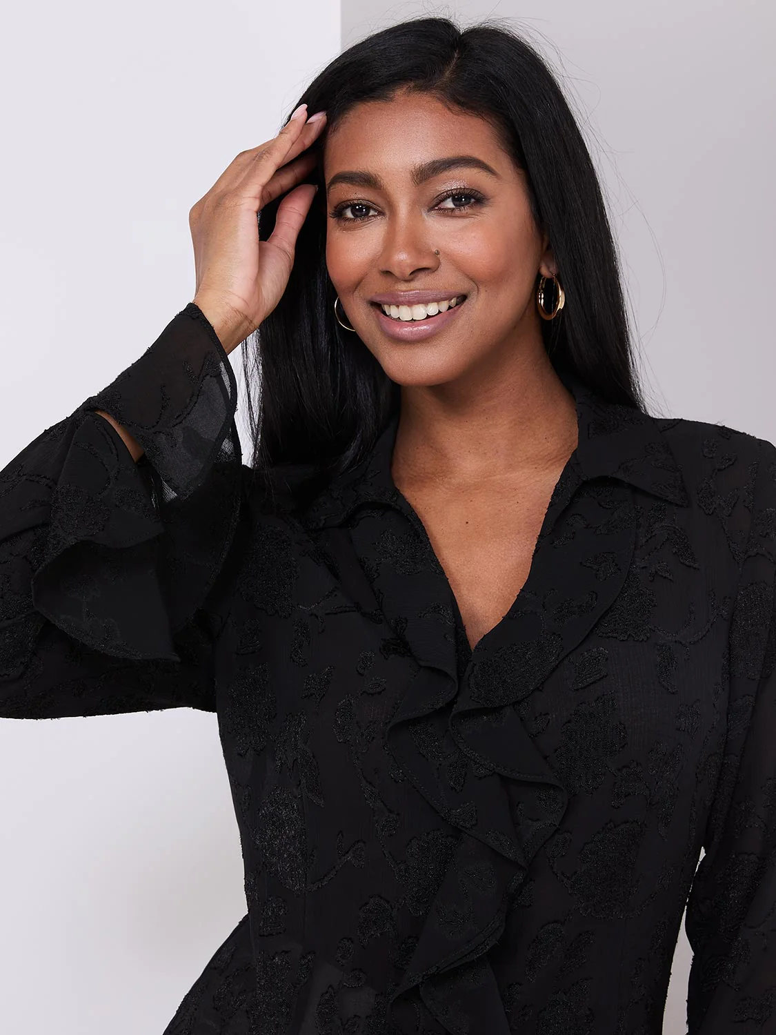 Textured Button-Front Blouse With Ruffle Details