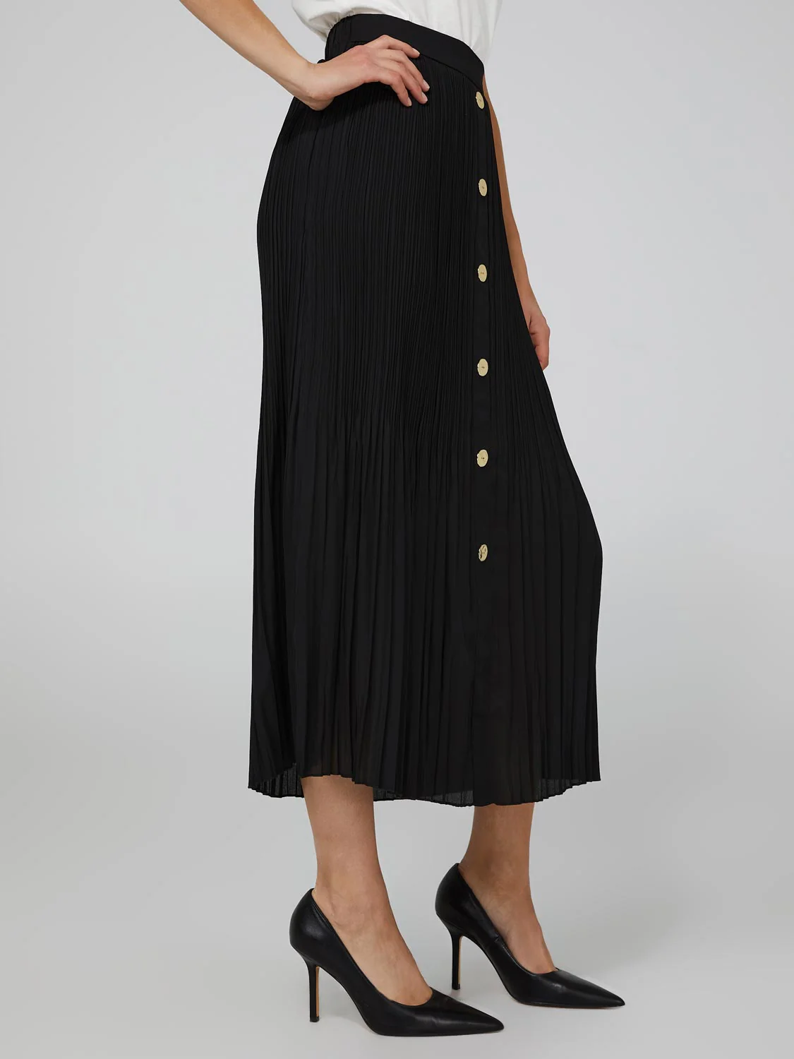 Pleated Chiffon Button-Front Skirt With Belt