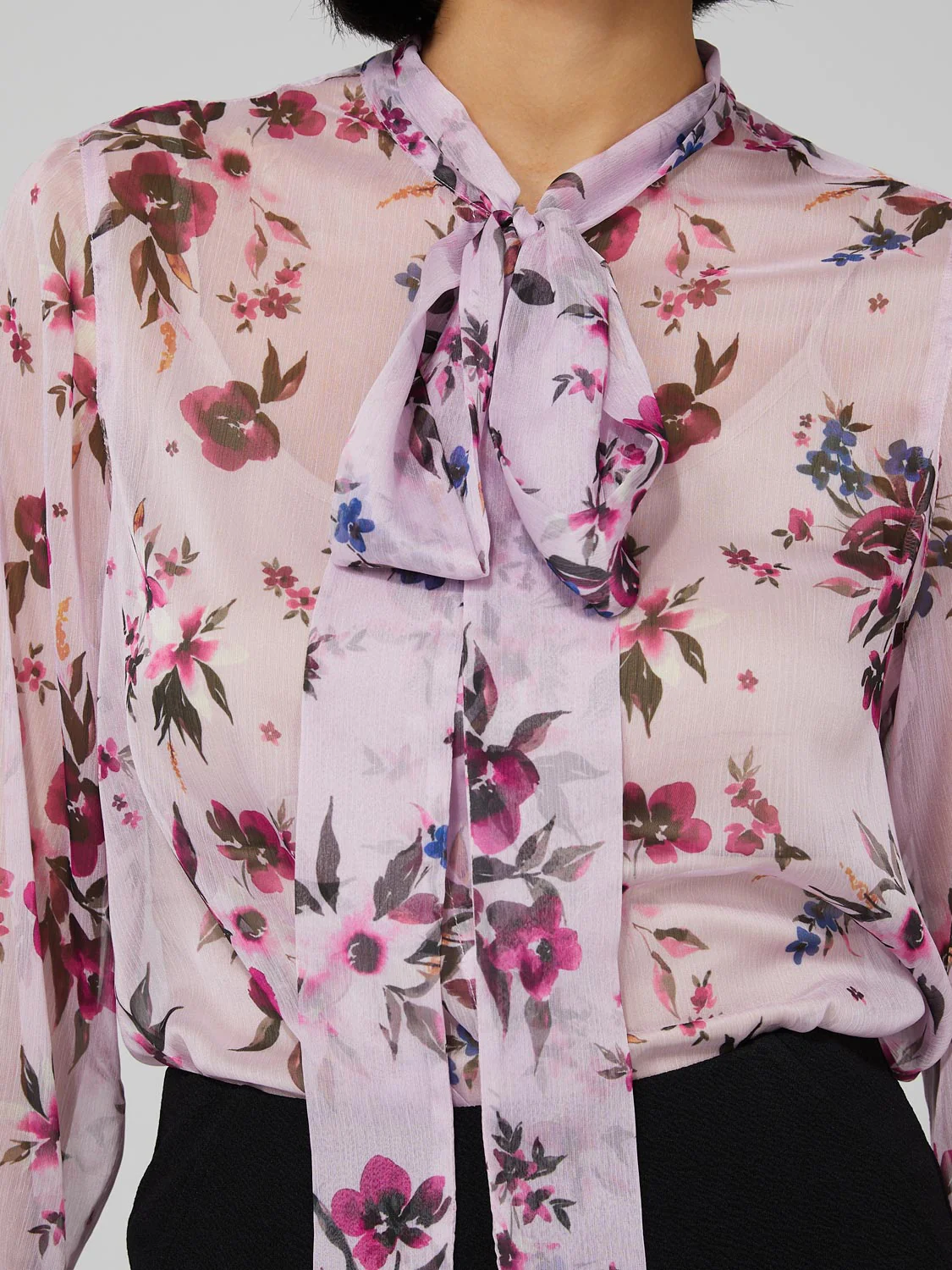 Printed Chiffon Blouse With Neck Tie