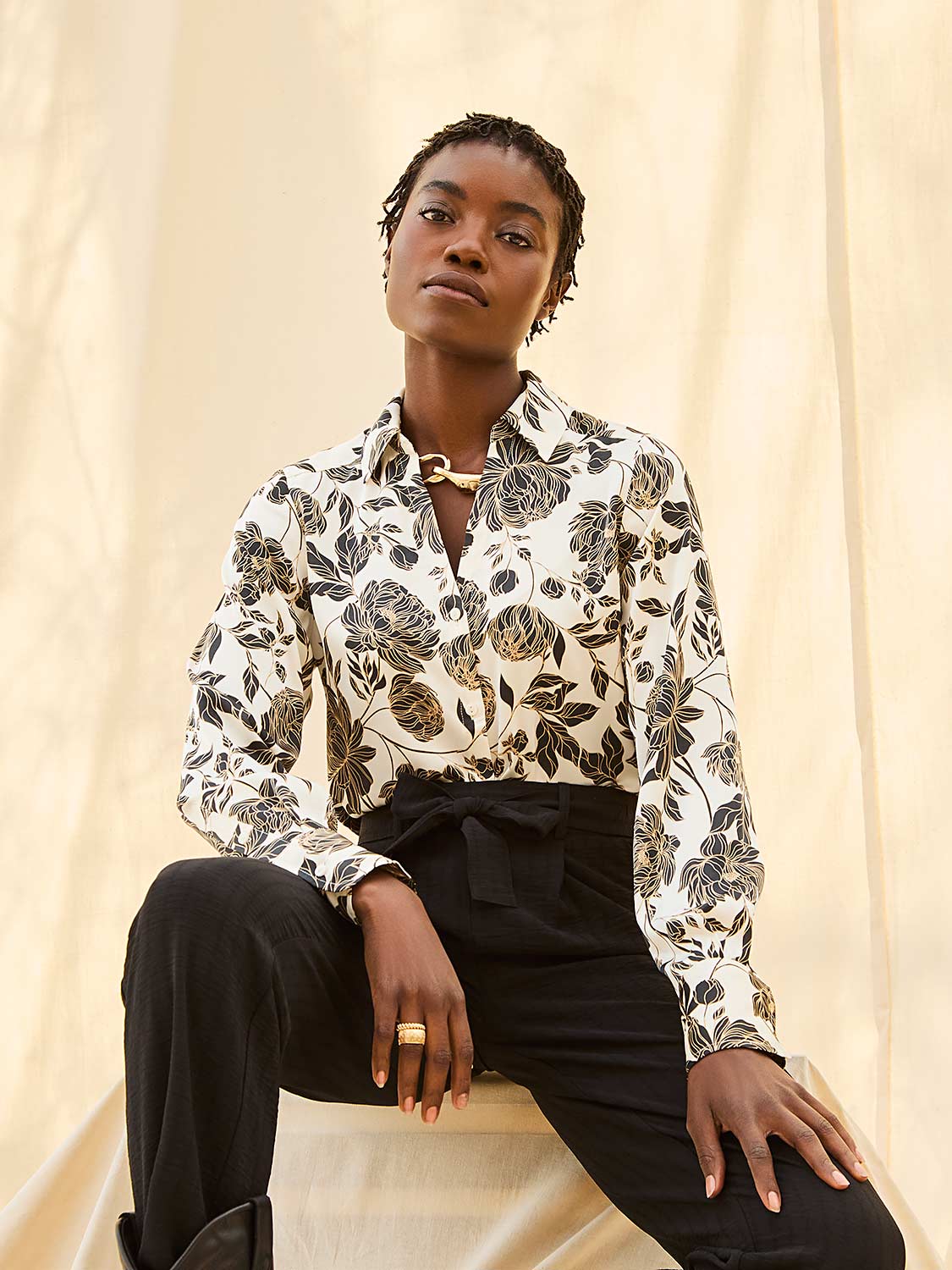 Floral Print Satin Button-Front Blouse