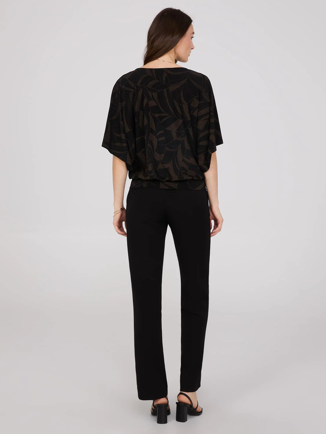 Foliage Print V-Neck Kimono Sleeve Top