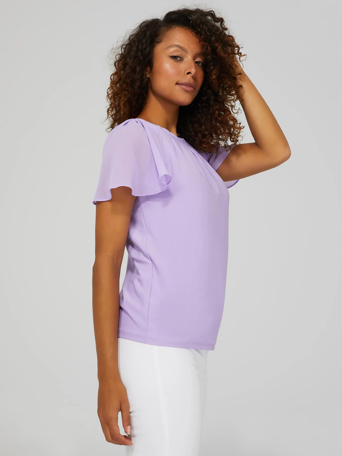 Pleated Crew Neck Top With Chiffon Flutter Sleeves