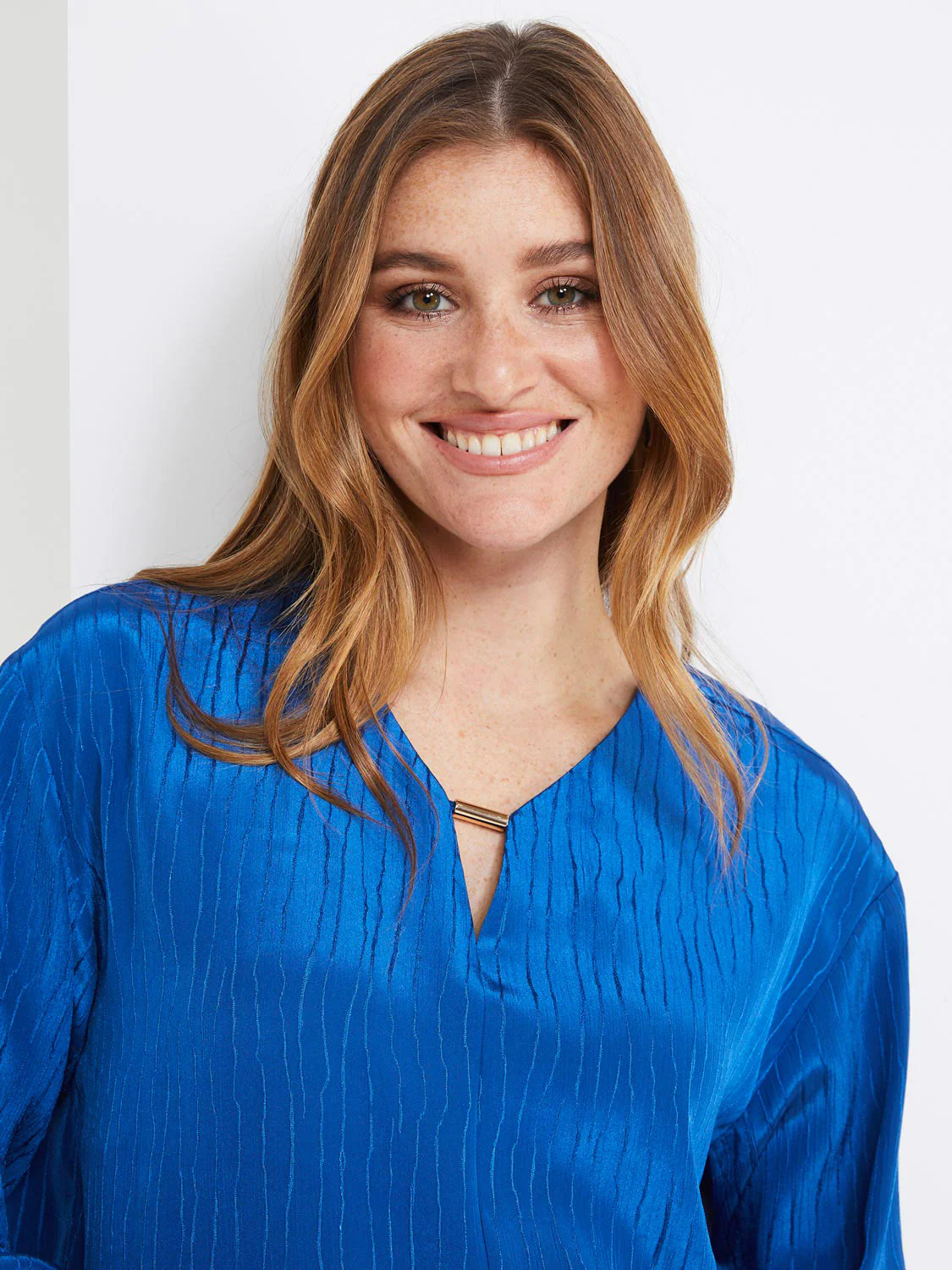 Textured V-Neck Blouse With Hardware Detail
