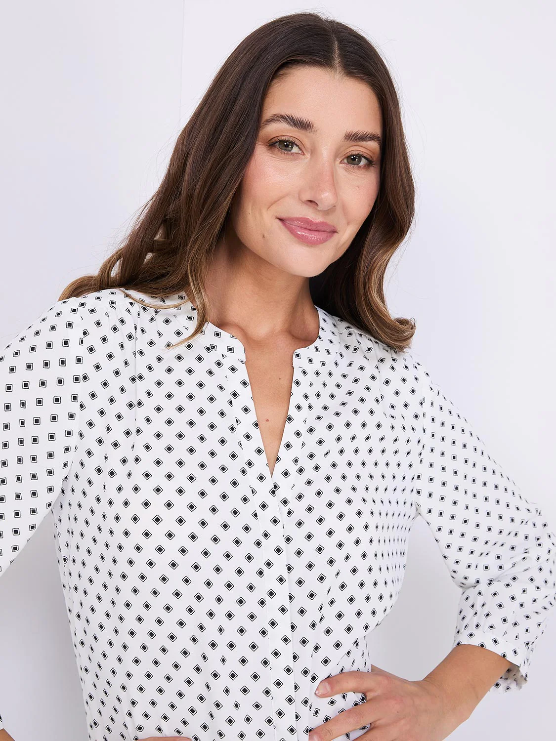 Dot Print Chiffon Split Neck Blouse