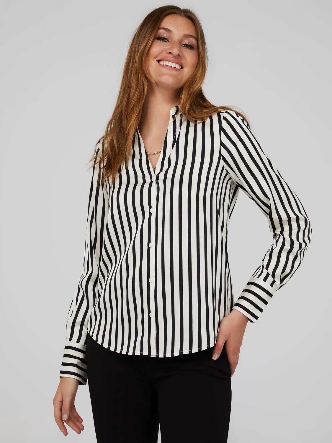Striped Satin Split Neck Button-Front Blouse