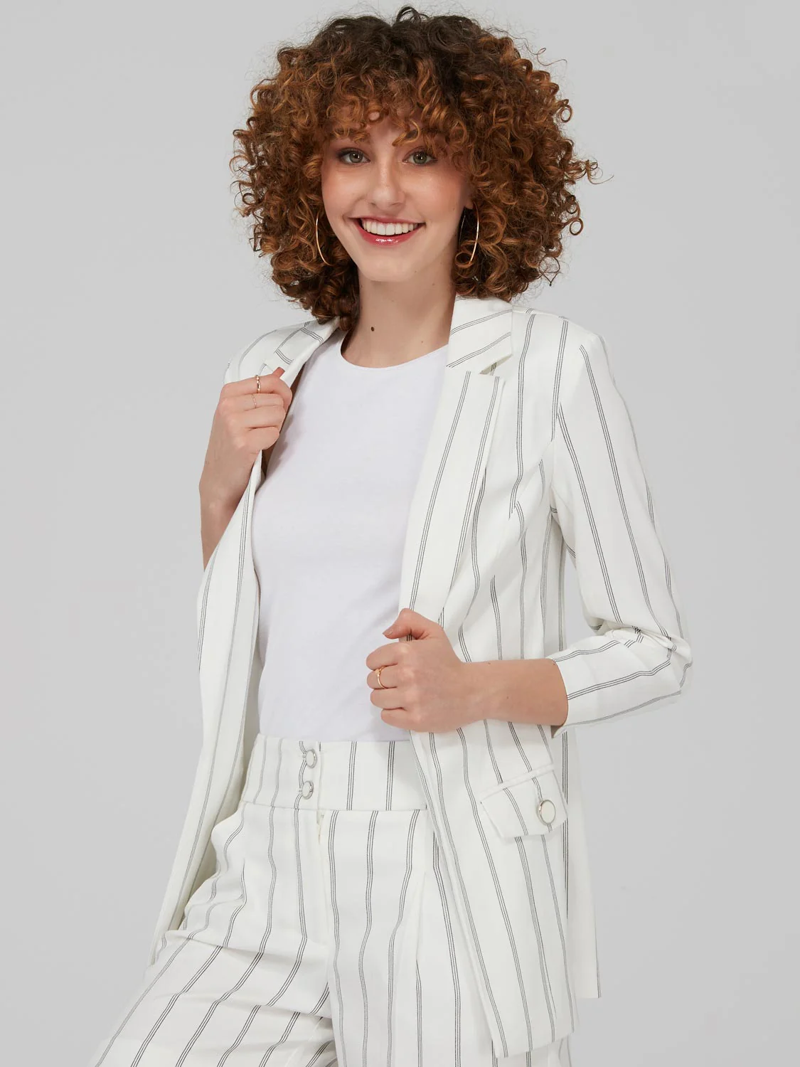Striped 3/4 Sleeve Blazer With Ruching