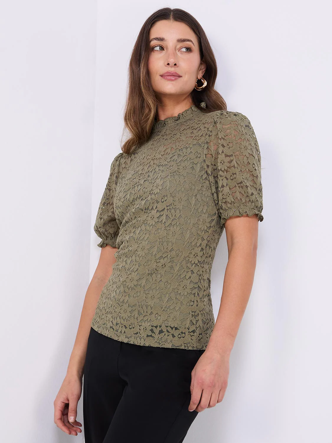 Floral Lace Mock Neck Short Sleeve Top