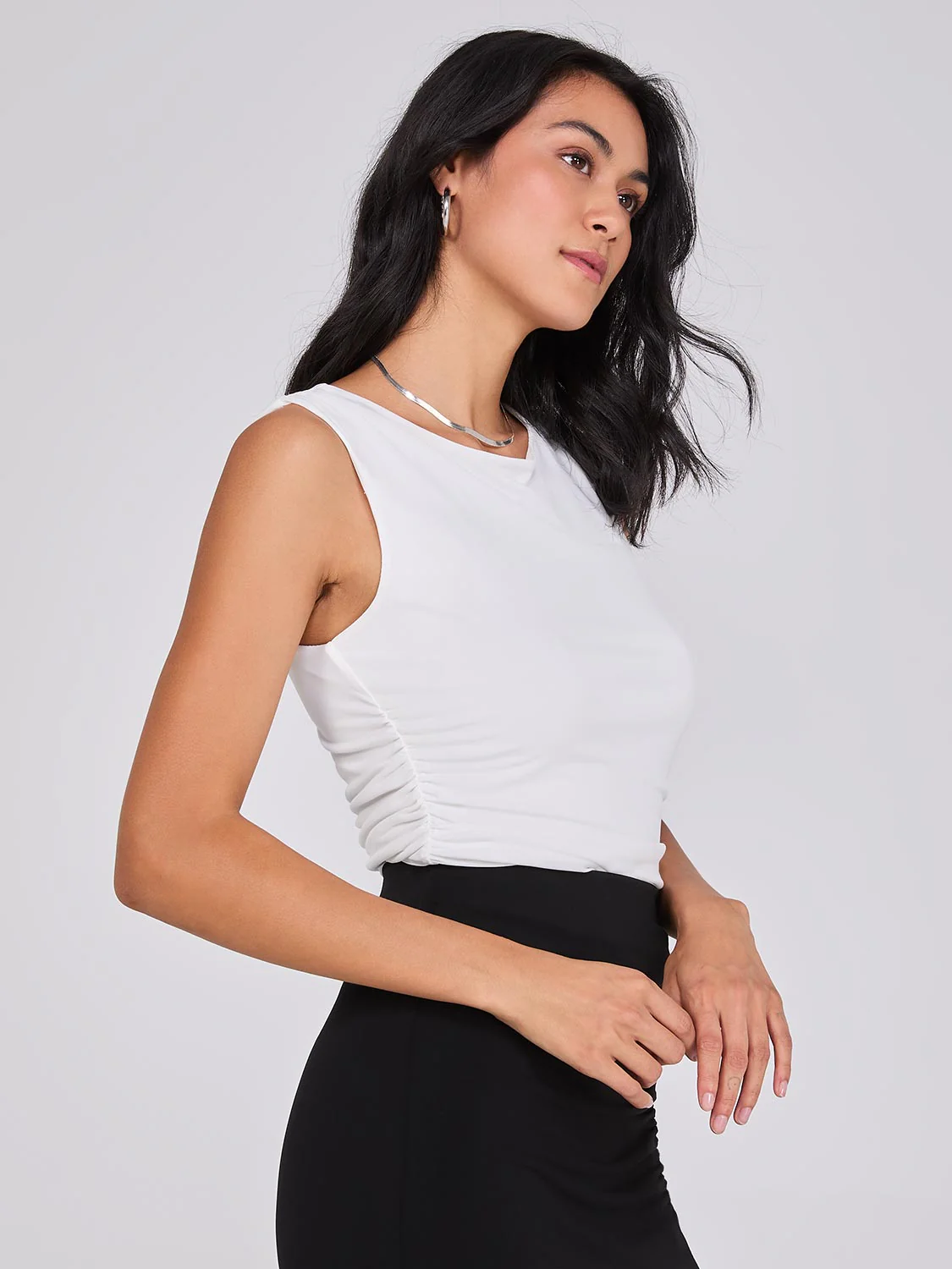 Sleeveless V-Back Top With Ruched Sides