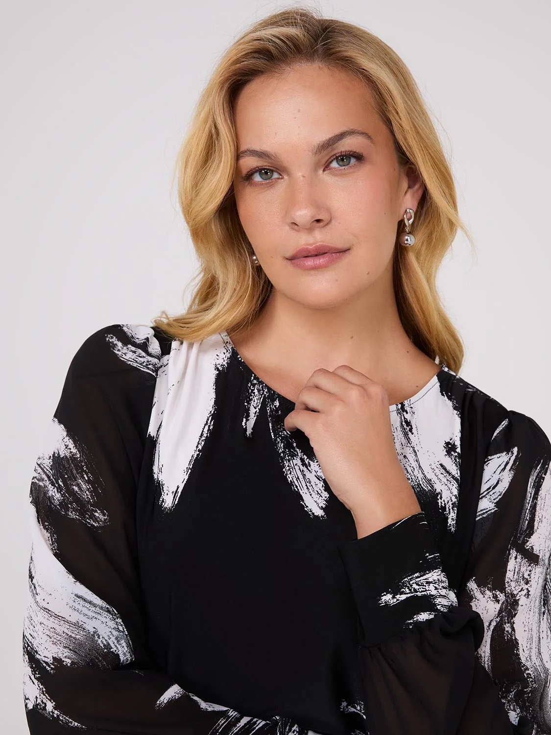 Printed Long Chiffon Sleeve Boat Neck Top