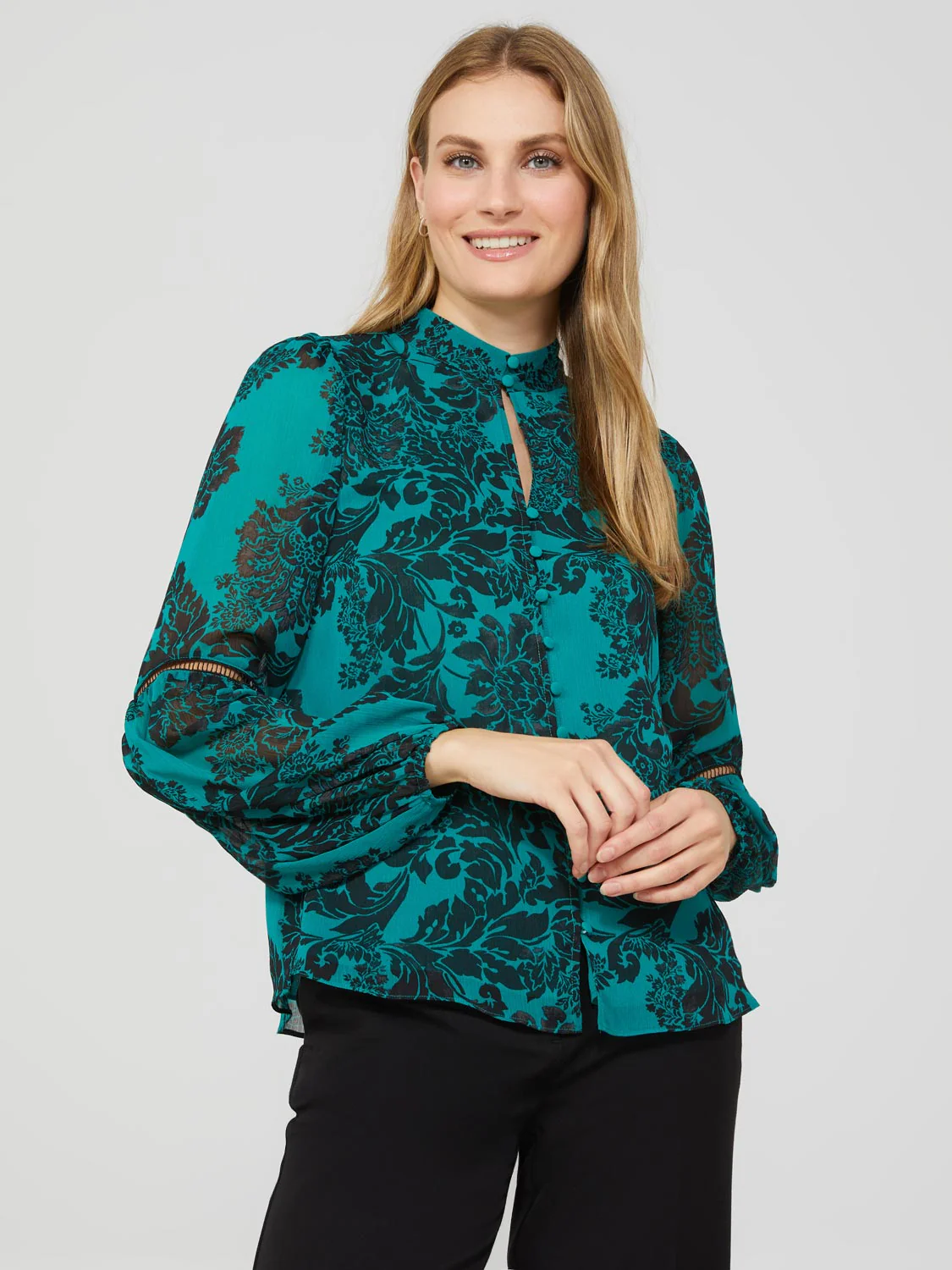 Floral Print Chiffon Button-Front Blouse With Puff Sleeves