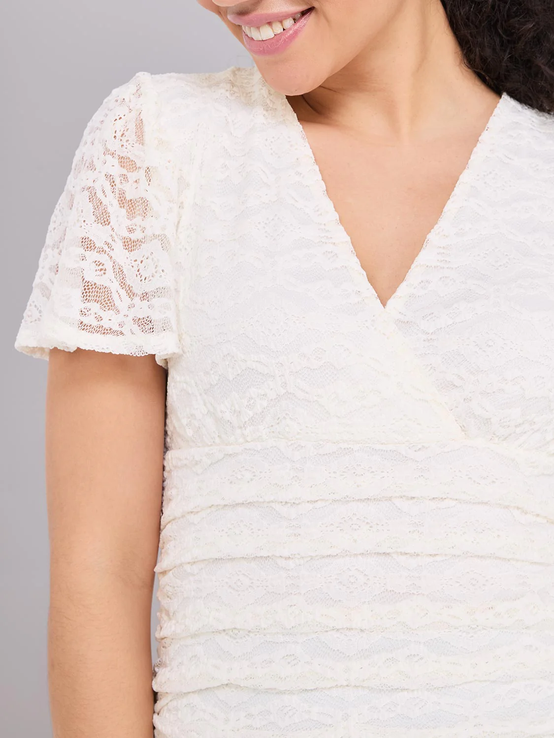 Lace Cross-Front Top With Flutter Sleeves