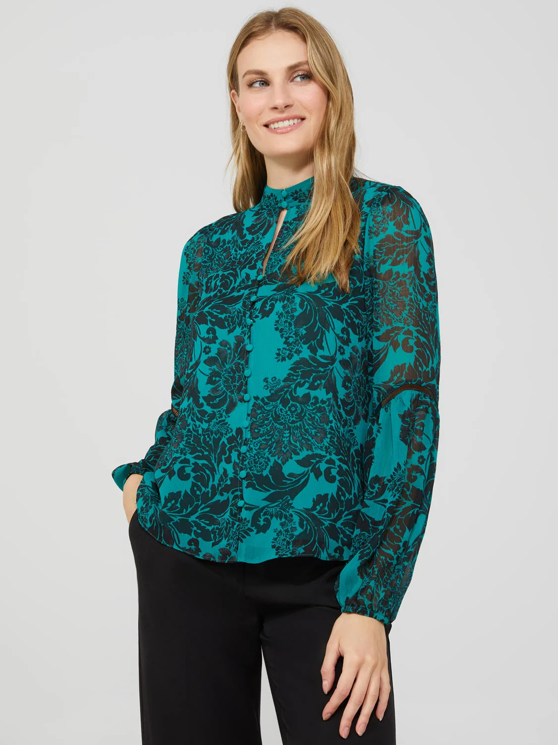 Floral Print Chiffon Button-Front Blouse With Puff Sleeves