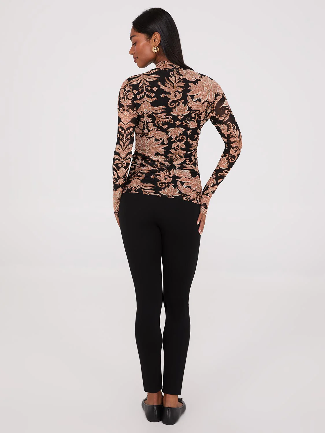 Abstract Print Mock Neck Mesh Top