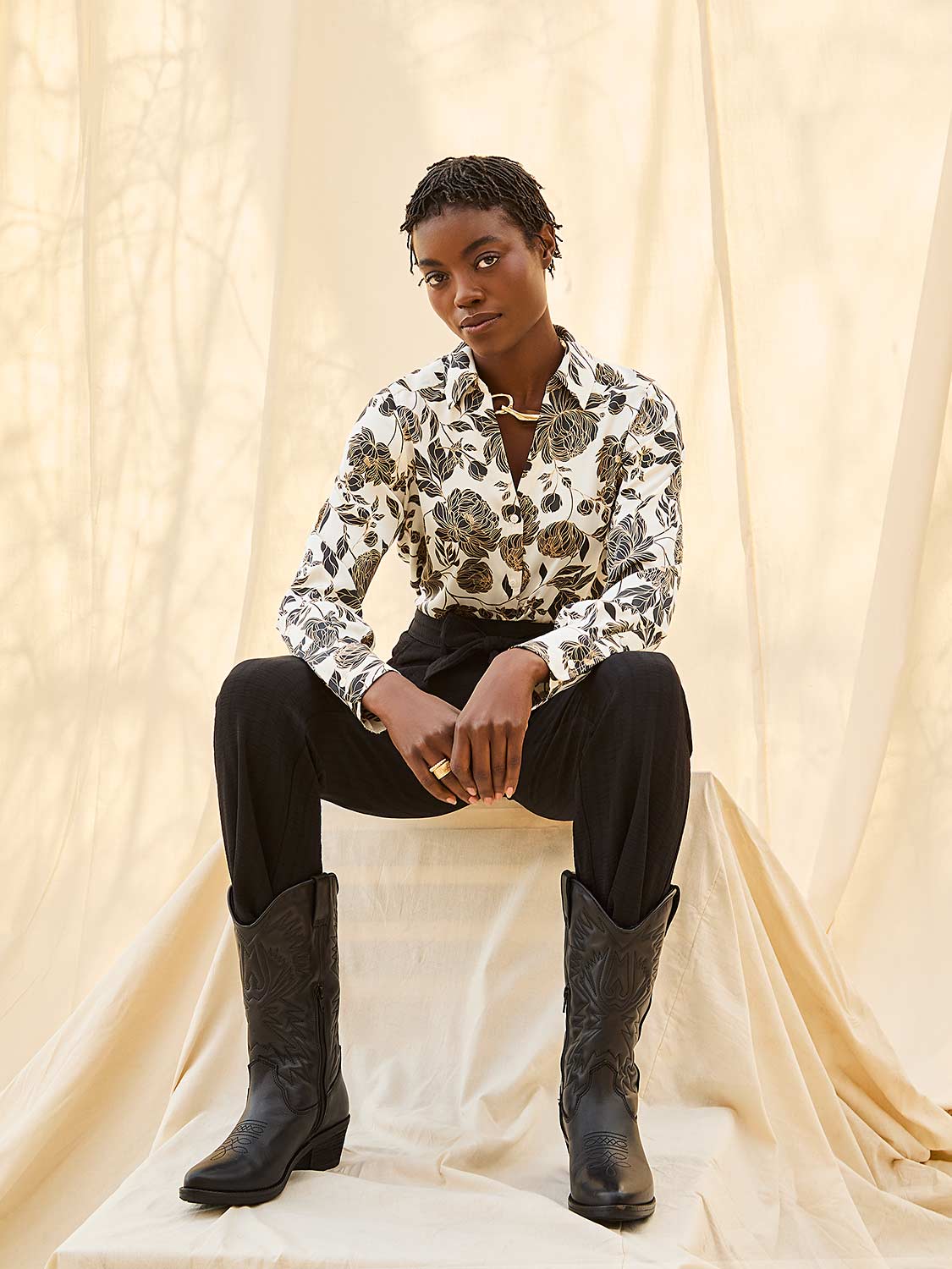 Floral Print Satin Button-Front Blouse